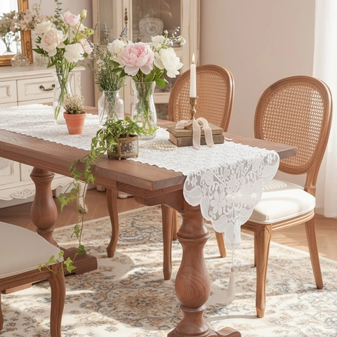 Französischer Vintage Weißer Spitze Tischläufer Mit Blumenstickerei Und Quasten Eleganter Ausgehöhlter Polyester Stoff Dekor