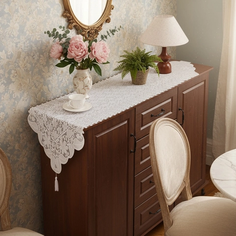 Vintage French Lace Table Runner With Floral Hollow Out Pattern Tassel Edge Decorative White Polyester Tablecloth For Home Dining Room