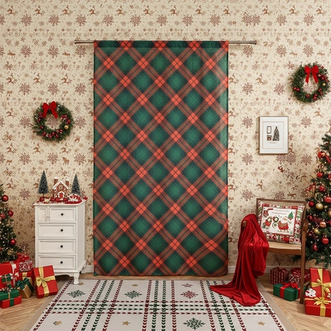 Vintage Christmas Plaid Door Curtain Polyester Shading Red Green Tartan Printed Fabric Holiday Home Decoration