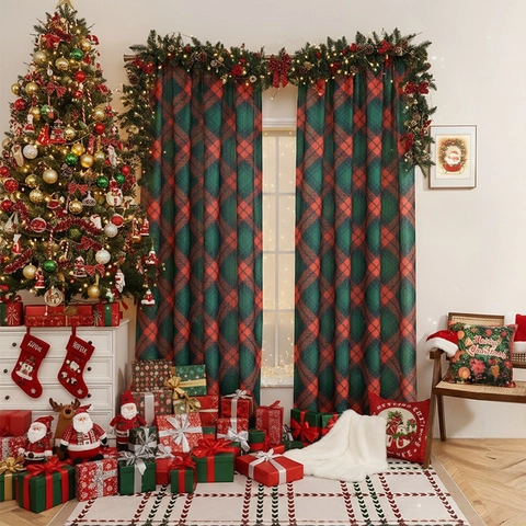 Vintage Christmas Plaid Door Curtain Polyester Shading Red Green Tartan Printed Fabric Holiday Home Decoration