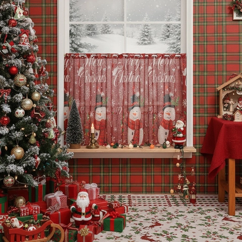 Tenda da Caffè Natalizia Rossa con Stampa Pupazzo di Neve Pizzo Ombreggiante Mezza Tenda Merry Christmas Per Casa Cucina