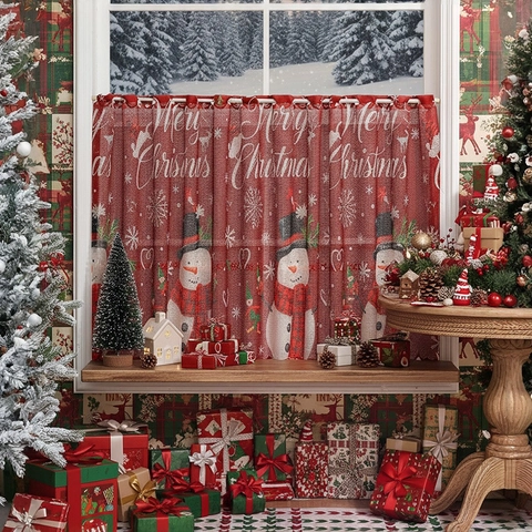 Tenda da Caffè Natalizia Rossa con Stampa Pupazzo di Neve Pizzo Ombreggiante Mezza Tenda Merry Christmas Per Casa Cucina