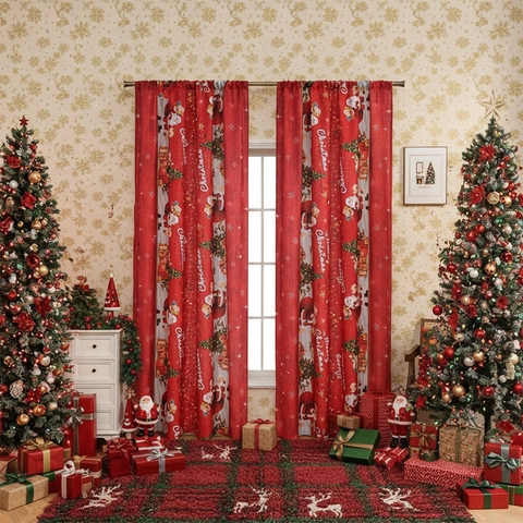 Christmas Curtains Polyester Semi Blackout Santa Claus Plaid Print Holiday Home Decor Rod Pocket Window Panels