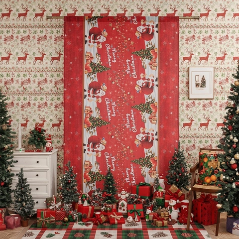 Christmas Curtains Polyester Semi Blackout Santa Claus Plaid Print Holiday Home Decor Rod Pocket Window Panels