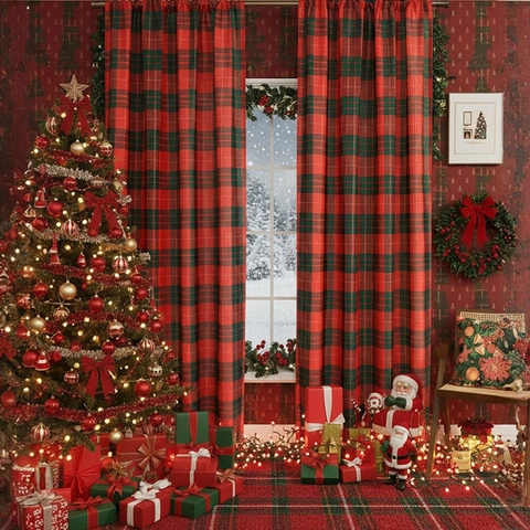 Christmas Curtains Red Green Tartan Plaid Polyester Semi Blackout Rod Pocket Window Drapes For Home Holiday Decoration