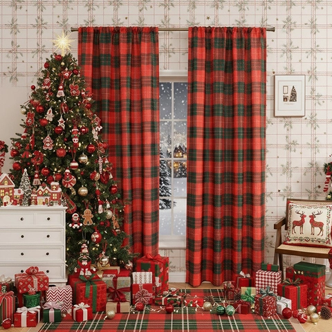 Christmas Curtains Red Green Tartan Plaid Polyester Semi Blackout Rod Pocket Window Drapes For Home Holiday Decoration