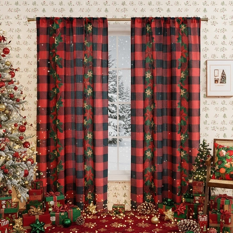 Christmas Window Curtains Polyester Buffalo Plaid Poinsettia Print Rod Pocket Semi Blackout Holiday Home Decor