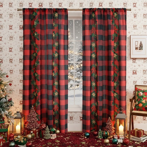Christmas Window Curtains Polyester Buffalo Plaid Poinsettia Print Rod Pocket Semi Blackout Holiday Home Decor