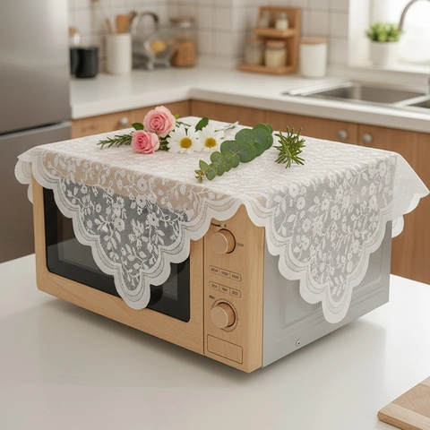 French Vintage Lace Dust Cover With Floral Embroidery Scalloped Edge For Microwave Oven Printer Bedside Table Decorative Tablecloth White