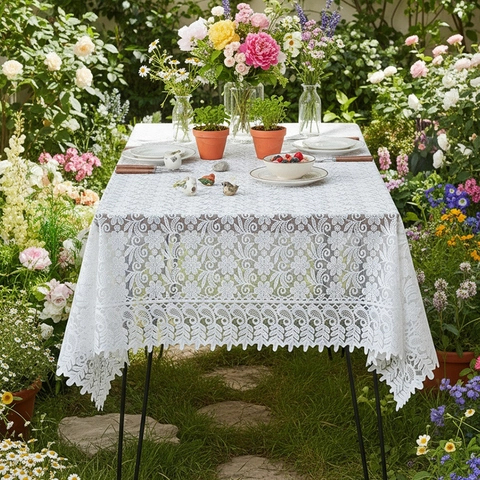 Französische Vintage Weiße Spitzentischdecke Blumen Hohl Ausgehäkelte Tischabdeckung Dekorativ Staubdicht Für Haus Picknick