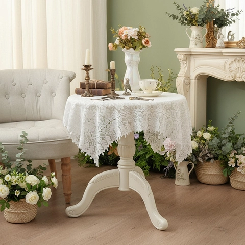 French Vintage White Lace Tablecloth Floral Hollow Out Scalloped Edge Polyester Cover For Wedding Party Home Decor Tablecloth