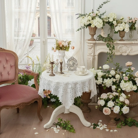 French Vintage White Lace Tablecloth Floral Hollow Out Scalloped Edge Polyester Cover For Wedding Party Home Decor Tablecloth