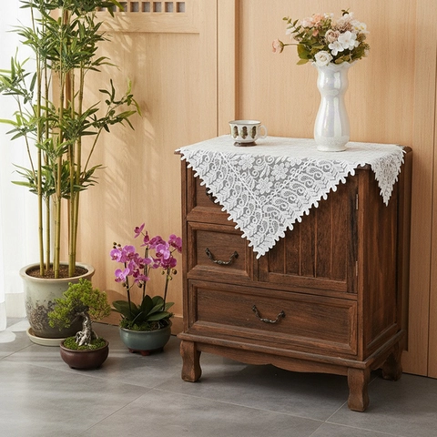 Nappe en Dentelle Blanche Vintage Français Broderie Florale Chemin de Table Ajouré Avec Glands Décoration Maison