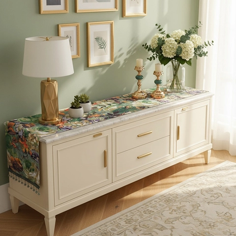 American Vintage Floral Table Runner With Beaded Tassels Impressionist Oil Painting Style Polyester Home Sideboard Decor