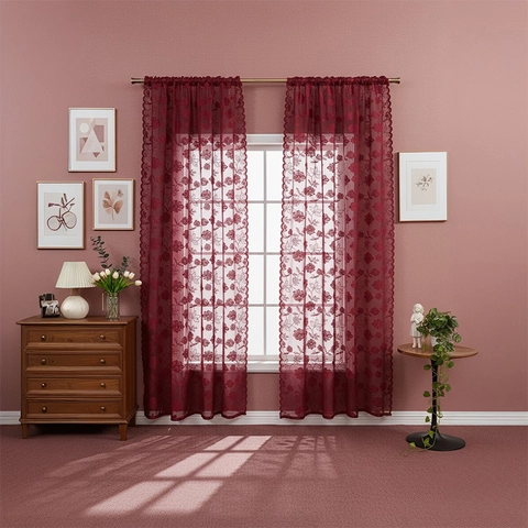Rideaux Voilage en Dentelle Broderie Rose Moderne Simple Polyester Translucide Écran Fenêtre Avec Bordure Festonnée Décor Maison
