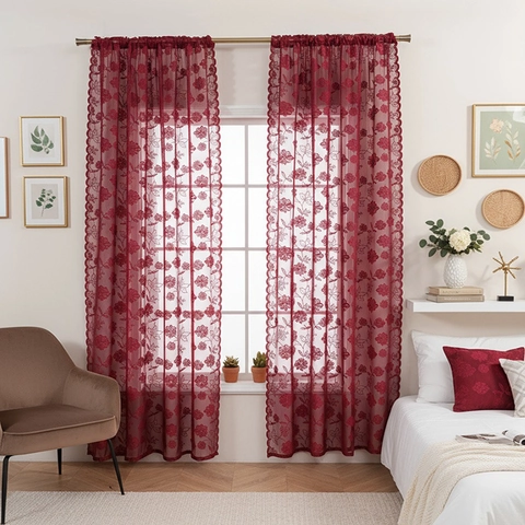 Rideaux Voilage en Dentelle Broderie Rose Moderne Simple Polyester Translucide Écran Fenêtre Avec Bordure Festonnée Décor Maison