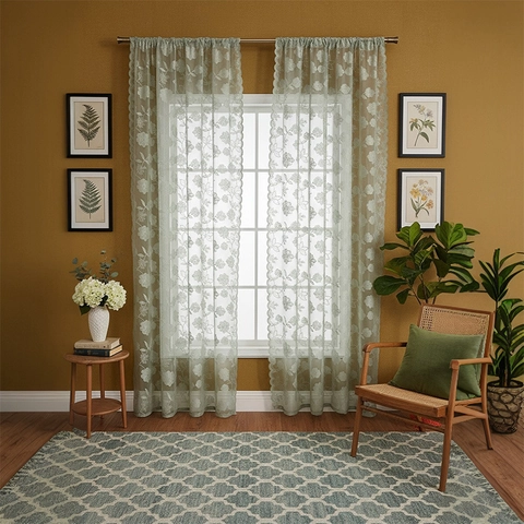Floral Embroidered Lace Sheer Curtains Scalloped Edge Rod Pocket Light Filtering Voile Drapes Living Room Bedroom Vintage