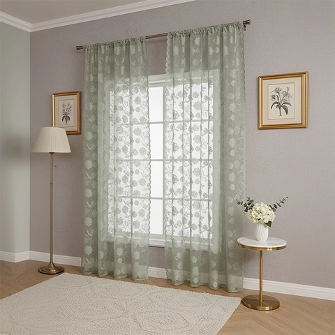 French Style Polyester Lace Voile Curtains Elegant Floral Embroidered Sheer Panels With Scalloped Edges Romantic Window Drapes For Living Room Bedroom Balcony