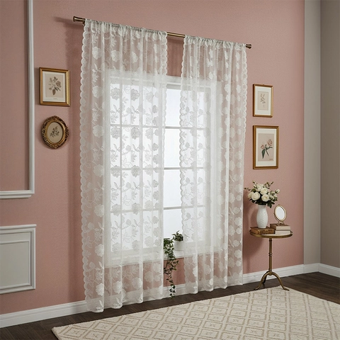 French Vintage Polyester Floral Lace Embroidery Curtains Semi Transparent Window Voile Draperies With Scalloped Edge For Living Room