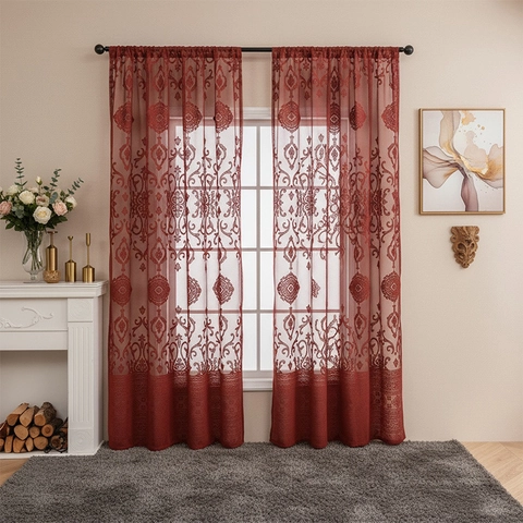 Modern Minimalist Damascus Embroidery Sheer Curtains Rod Pocket Light Filtering Voile Drapes For Living Room Bedroom Decoration