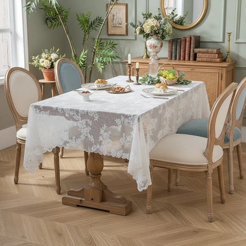 Retro Lace Tablecloth Rectangular Floral Embroidery Scalloped Edge Polyester Decorative Table Cover Home Dining Party