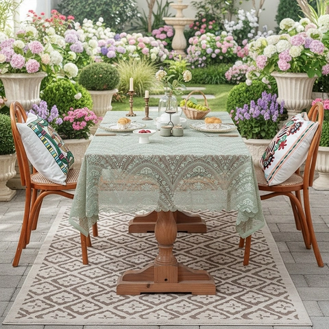 Lace Tablecloth Rectangle Floral Hollow Out Embroidery Scalloped Edge Polyester Table Cover Pastoral Vintage Decor For Dining Room