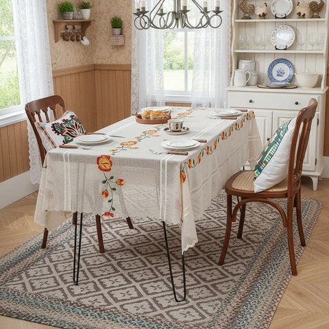 Pastoral Lace Tablecloth Polyester Embroidered Flower Butterfly Hollow Out Rectangular Vintage Dustproof Dining Table Cover