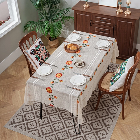 Pastoral Lace Tablecloth Polyester Embroidered Flower Butterfly Hollow Out Rectangular Vintage Dustproof Dining Table Cover