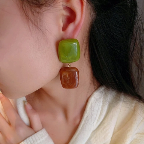 Retro Geometric Square Drop Earrings Resin Gradient Marble Texture With 925 Sterling Silver Earring Post For Women