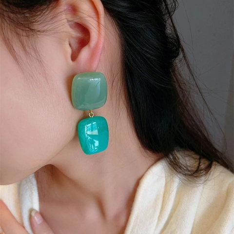Retro Geometric Square Drop Earrings Resin Gradient Marble Texture With 925 Sterling Silver Earring Post For Women