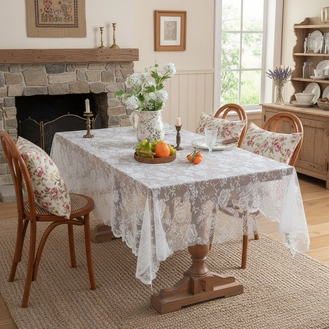 Kant Tafelkleed Rechthoekig Floraal Opengewerkt Geborduurd Vintage Landelijke Stijl Polyester Tafelkleed Decoratie