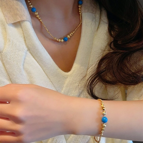 Conjunto De Joyas De Collar Y Pulsera De Cuentas De Turquesa Azul Aleación Color Dorado Accesorios Elegantes Para Mujer