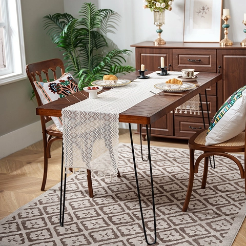 Lace Crochet Table Runner Hollow Out Geometric Pattern With Tassels For Dining Room Coffee Table Boho Retro Decor