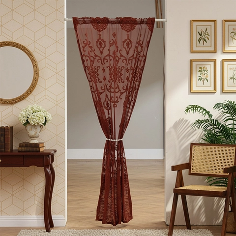 Lace Door Curtain Polyester Mesh Jacquard Semi Transparent Partition For Bedroom Kitchen American Style Vintage Baroque Floral