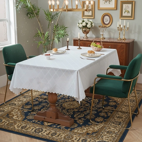 Elegante Rechteckige Tischdecke Polyester Vierpass Geometrischer Jacquard Wellenrand Staubdicht Waschbar Esszimmer Dekor