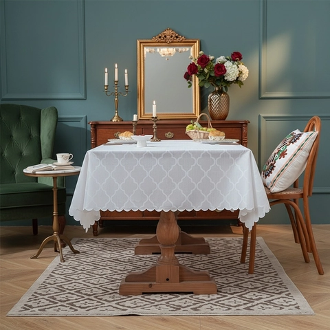 Elegante Rechteckige Tischdecke Polyester Vierpass Geometrischer Jacquard Wellenrand Staubdicht Waschbar Esszimmer Dekor