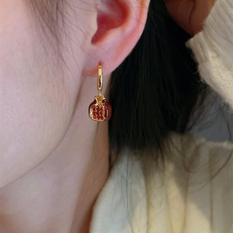 Granatapfel Frucht Creolen Mit Emaille Zirkonia Und 925 Sterling Silber Ohrstecker Rot Gold