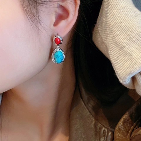 Vintage Bohemian Drop Earrings Women Water Drop Shape Contrast Color Faux Turquoise 925 Sterling Silver Earring Post