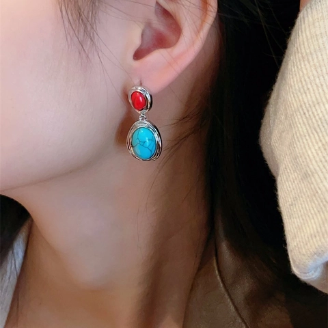Vintage Bohemian Drop Earrings Women Water Drop Shape Contrast Color Faux Turquoise 925 Sterling Silver Earring Post