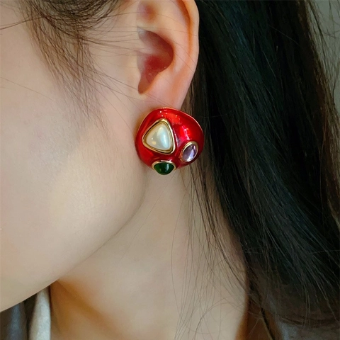 Orecchini A Fungo In Smalto Rosso Con Pietre Preziose In Lega E Perno In Argento Sterling 925 Stile Francese Da Donna