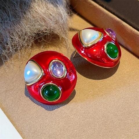 Orecchini A Fungo In Smalto Rosso Con Pietre Preziose In Lega E Perno In Argento Sterling 925 Stile Francese Da Donna