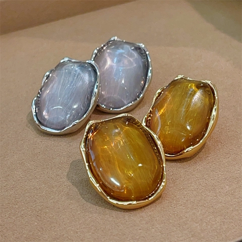Resin Oval Stud Earrings With 925 Sterling Silver Earring Post Irregular Wavy Metal Edge French Chic Jewelry For Women