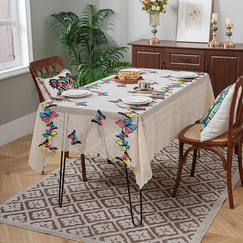 Vintage Rural Spitze Rechteckige Tischdecke Schmetterling Pilz Muster Ausgehöhlt Polyester Esstisch Abdeckung Tuch