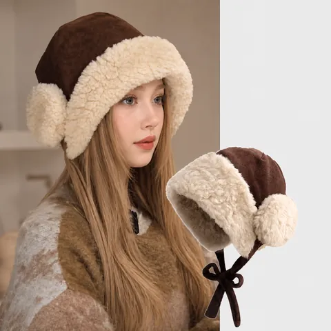 Women Winter Thickened Warm Faux Lamb Fleece Lei Feng Hat Suede Trapper Cap With Ear Protection Solid Color Anti-Cold Pullover Hat