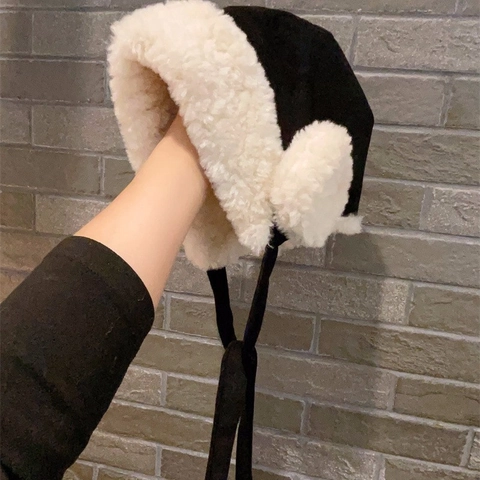Chapeau Lei Feng d'Hiver Épais et Chaud en Fausse Toison d'Agneau pour Femme Casquette Trappeur en Daim Avec Protection Auditive Couleur Unie