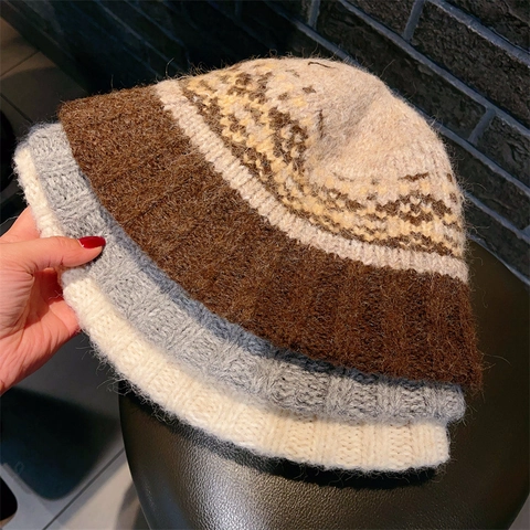 Knitted Bucket Hat Plush Mohair Winter Warm Beanie Fair Isle Pattern Retro Geometric Ear Protection For Women