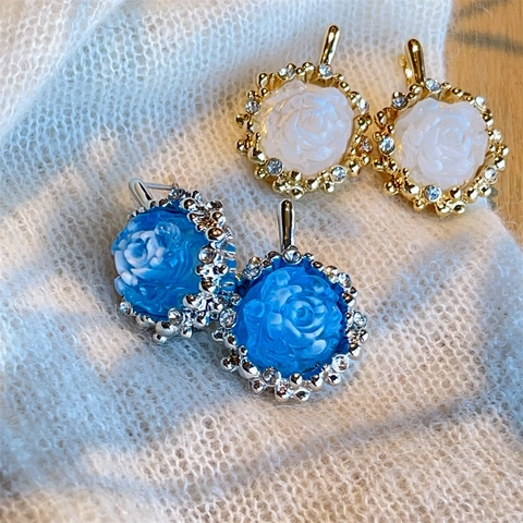 Vintage French Style Blue White Rose Flower Stud Earrings With Zircon Accents And 925 Sterling Silver Earring Post For Women
