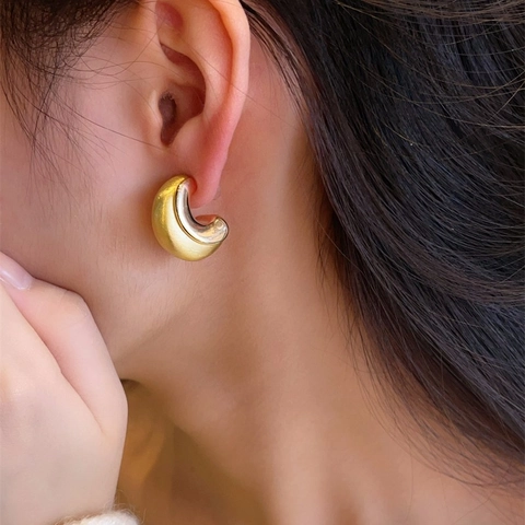 Two-Tone C-Shape Hoop Earrings Brushed Metal Texture Chunky Studs With 925 Sterling Silver Earring Post For Women