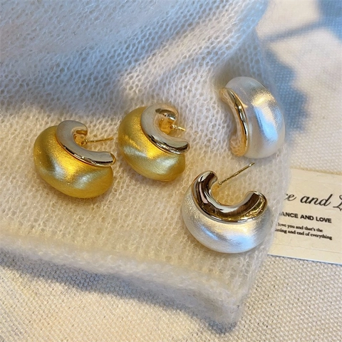 Two-Tone C-Shape Hoop Earrings Brushed Metal Texture Chunky Studs With 925 Sterling Silver Earring Post For Women