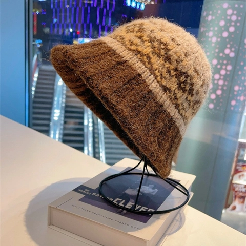 Knitted Bucket Hat Plush Mohair Winter Warm Beanie Fair Isle Pattern Retro Geometric Ear Protection For Women